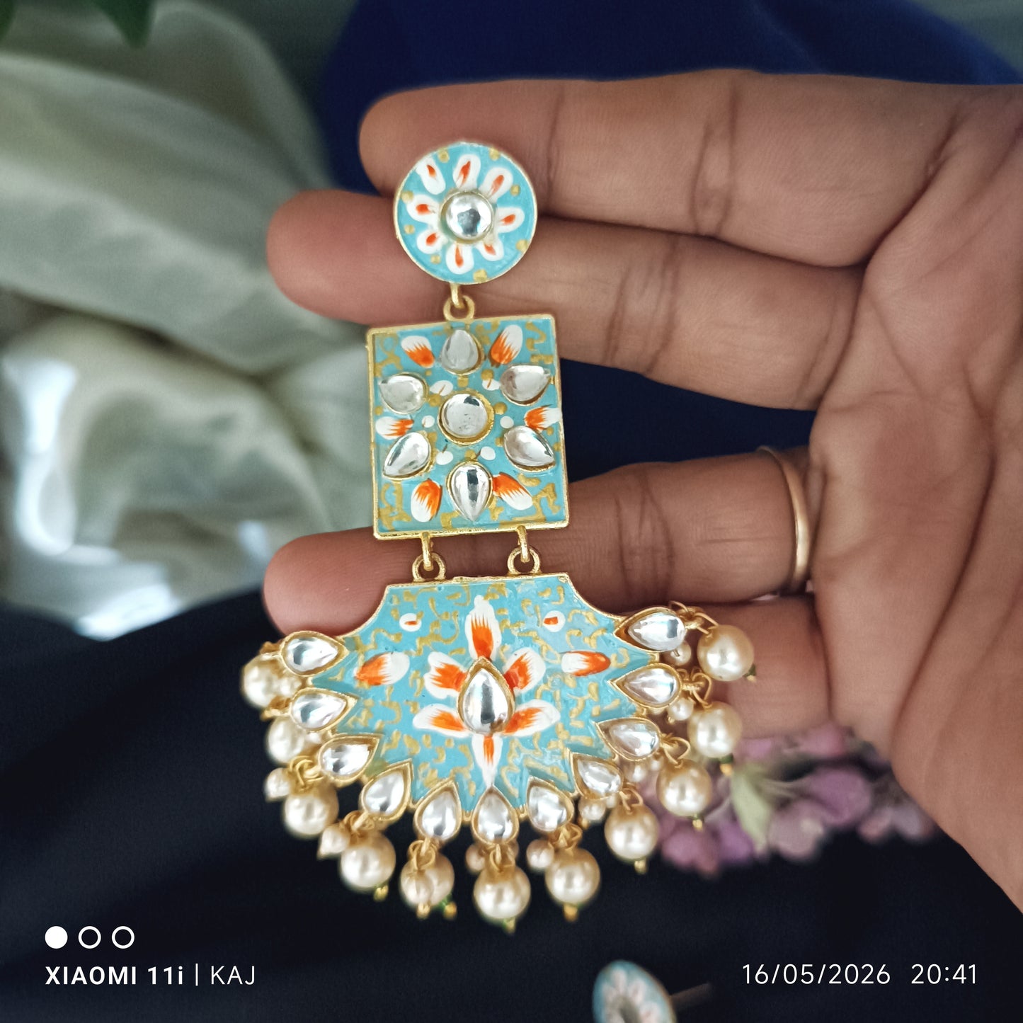 Handprint meenakari long light weight earrings